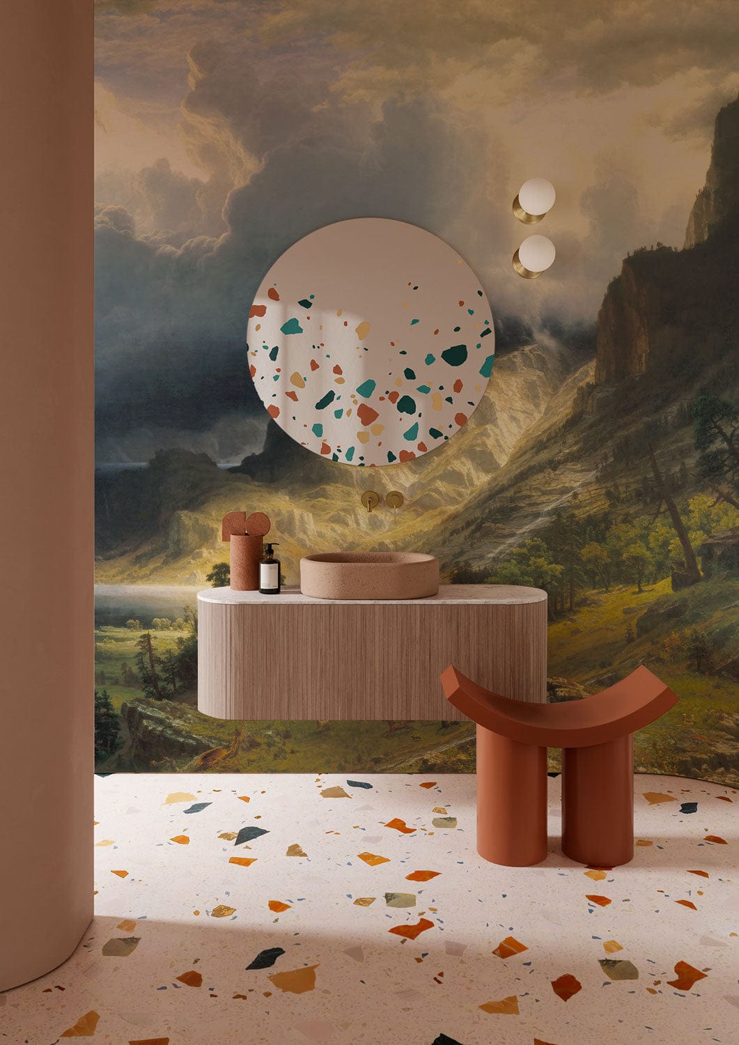 Scenic mural wallpaper in bathroom featuring modern basin, abstract mirror, terrazzo flooring, and unique stool.
