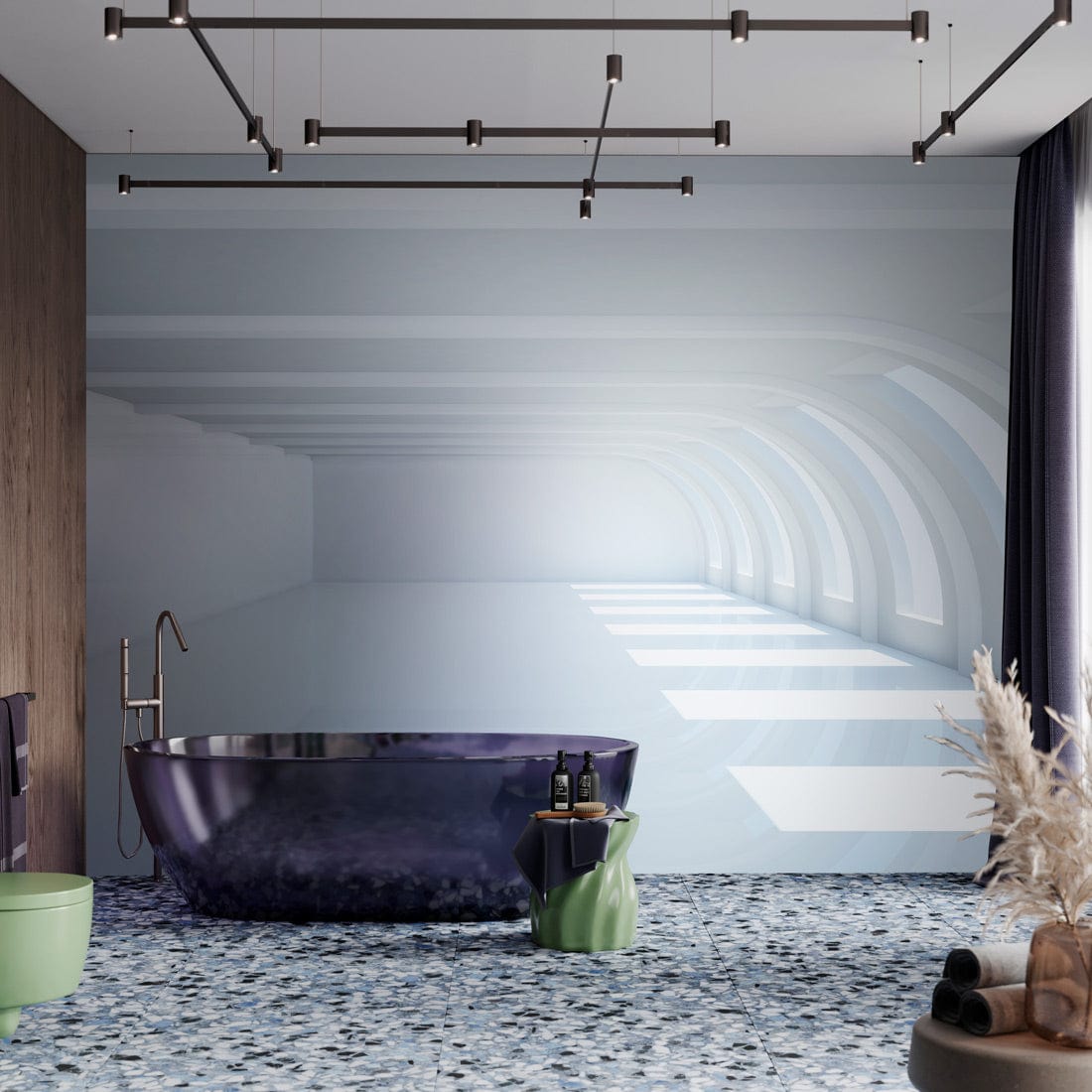 Modern minimalist white arched mural wallpaper in bathroom, featuring purple bathtub and patterned flooring.