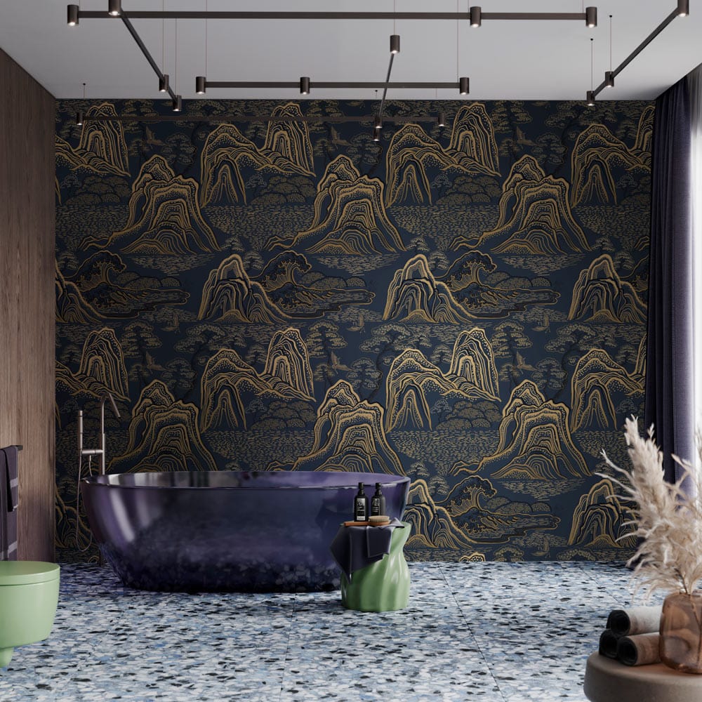 Elegant dark gold oriental landscape wallpaper, modern bathroom, dark tub, patterned tile floor, contemporary style.