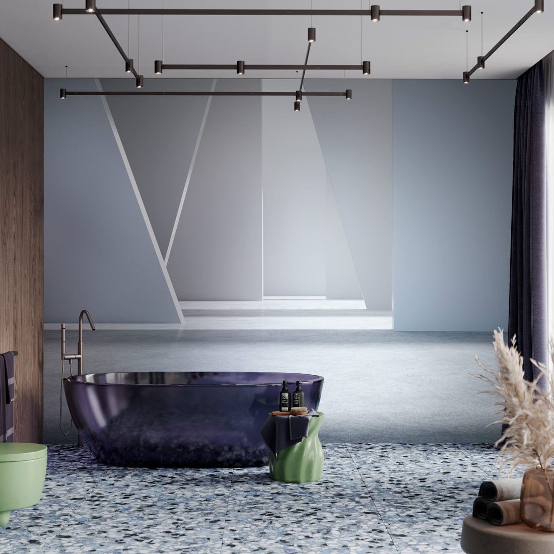 Modern minimalist grey geometric wallpaper in bathroom with black tub, mosaic flooring, stylish lighting fixture.
