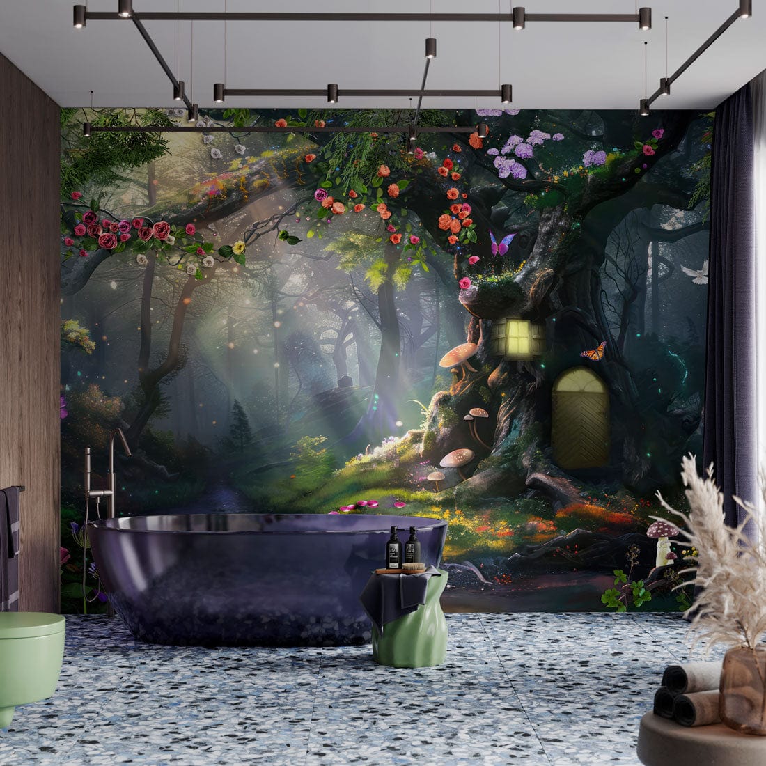 Enchanted Forest Mural wallpaper in bathroom with glossy bathtub, modern ceiling, and terrazzo floor tiles.