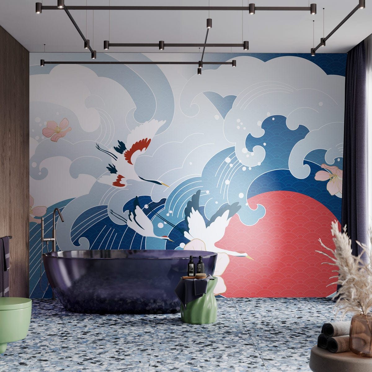Elegant Japanese Wave Mural with cranes, cherry blossoms, modern bath, blue mosaic floor, contemporary lighting.