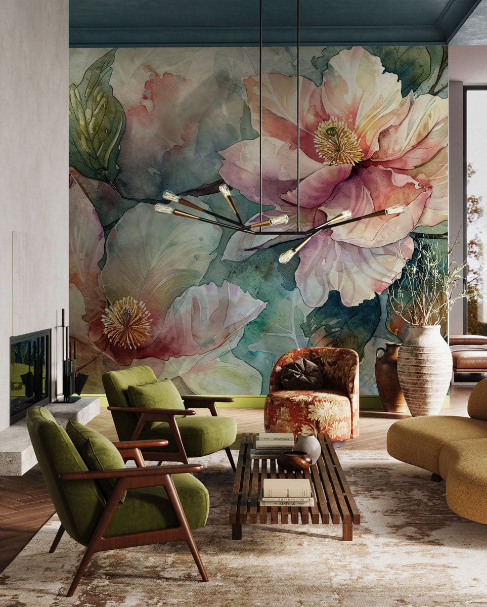 Elegant watercolour floral mural with pastel hues, mid-century armchairs, rustic table, modern lounge room.