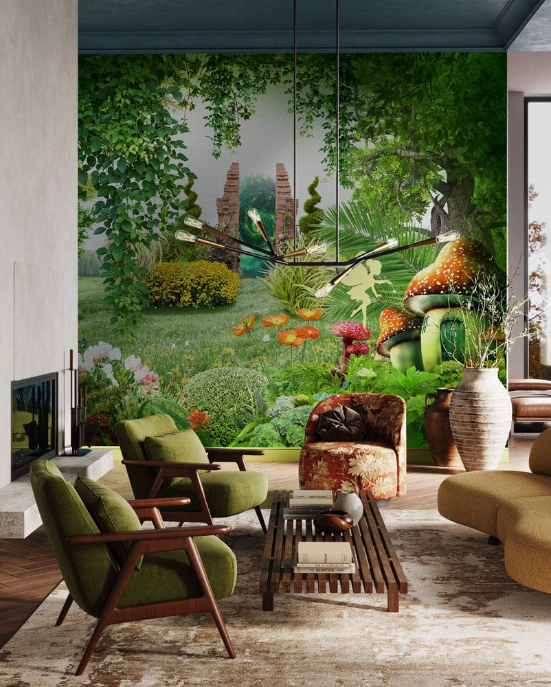 Enchanted Forest Mural Wallpaper with Lush Greenery and Vibrant Mushrooms