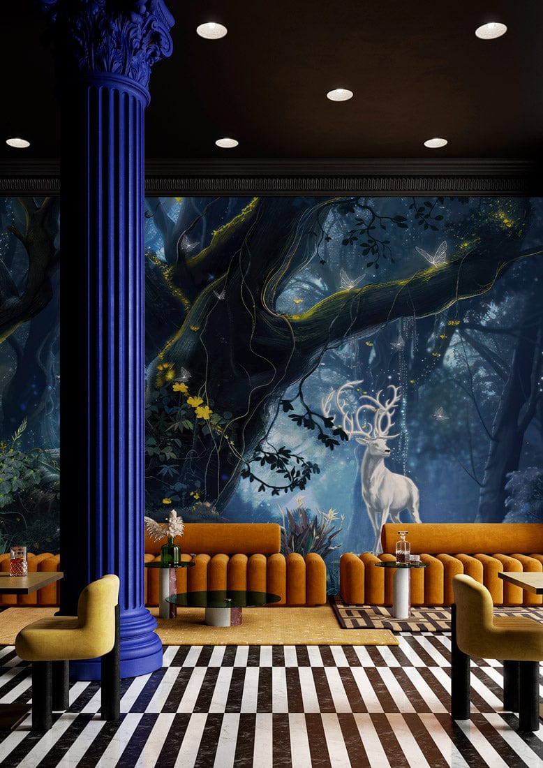 Mystical Enchanted Forest Stag Wallpaper in vibrant room with orange sofas and striped flooring.