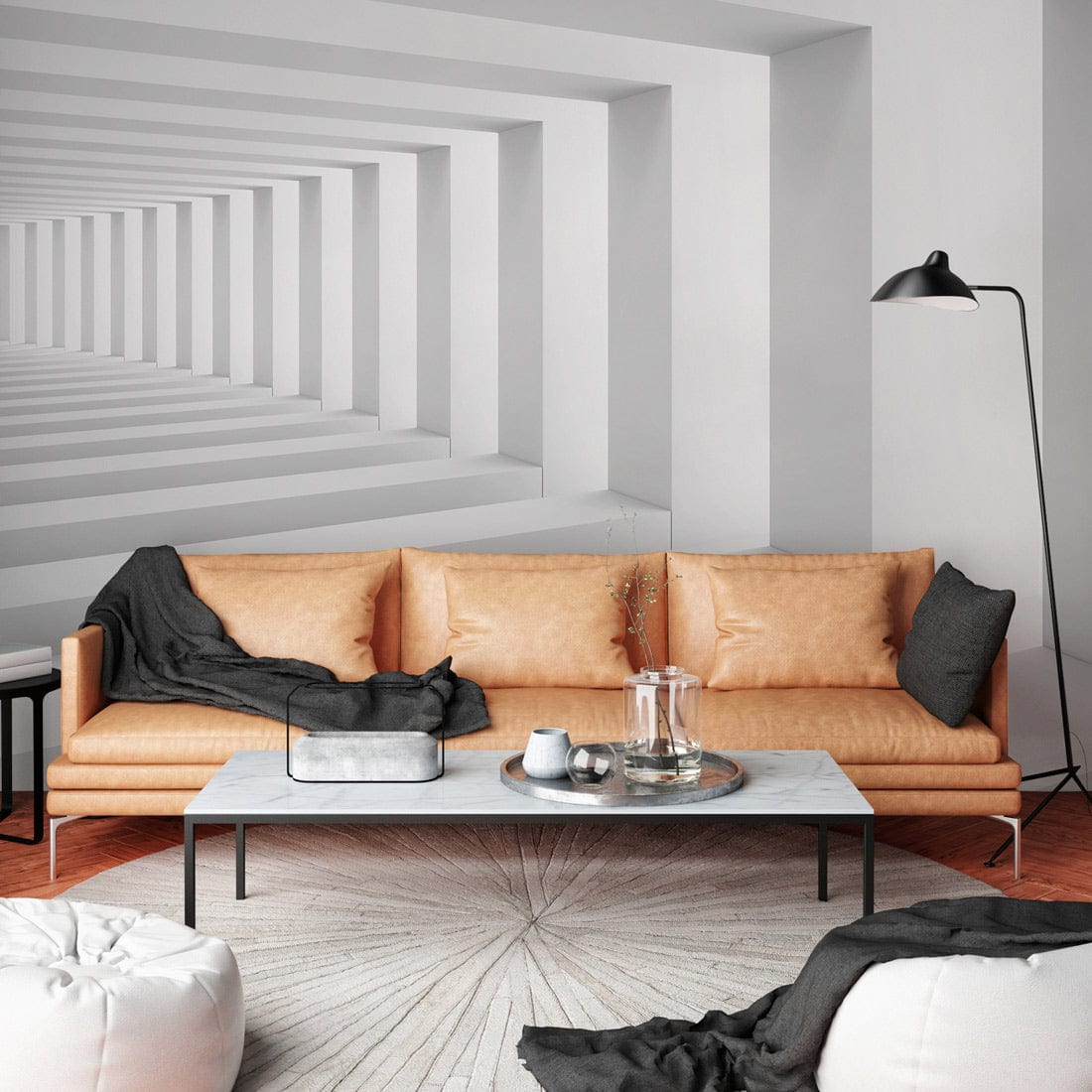 Modern white 3D mural wallpaper; tan leather sofa, grey rug, contemporary room with wooden flooring.