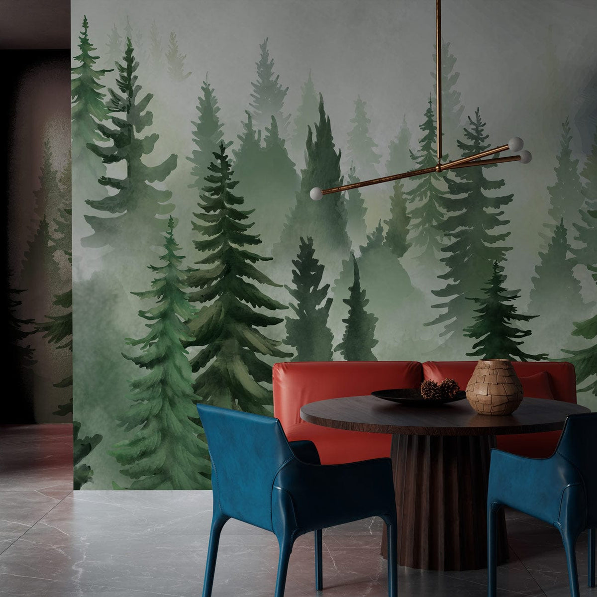 Serene Forest Mist Mural Wallpaper in dining room with blue chairs, round table, modern light fixture.