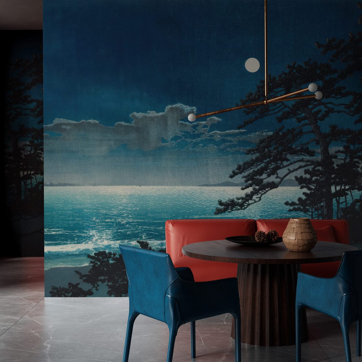 Midnight Blue Coastal Serenity Mural Wallpaper in dining room, moonlit ocean scene, blue chairs, round table.