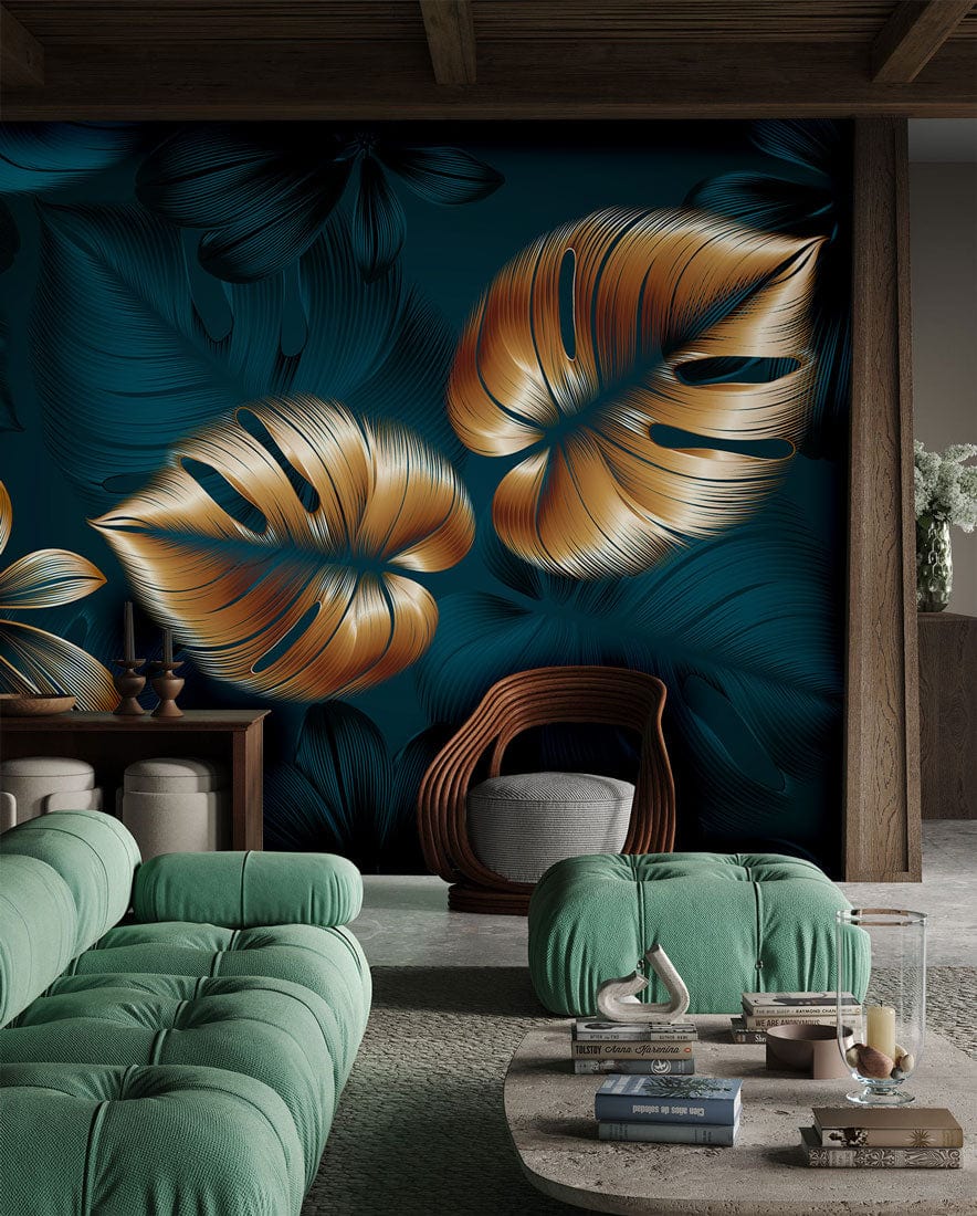 Luxurious navy botanical mural wallpaper, green sectional sofa, wooden accents, contemporary living room decor.