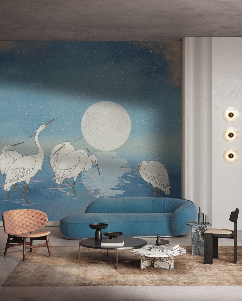 Celestial Heron Sky Mural Wallpaper, blue sofa, stylish armchairs, modern living room design, elegant lighting.