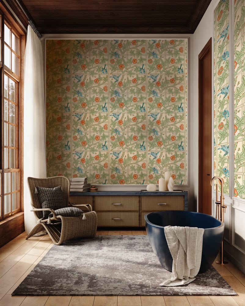 Vintage Botanical Garden Wallpaper, floral green-orange, complements wicker chair, wooden cabinet, modern freestanding tub.