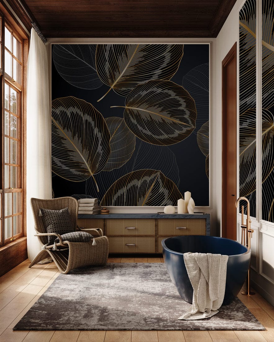 Luxurious gold leaf pattern wallpaper, modern elegance design, cozy armchair, dark bathtub, wooden flooring.