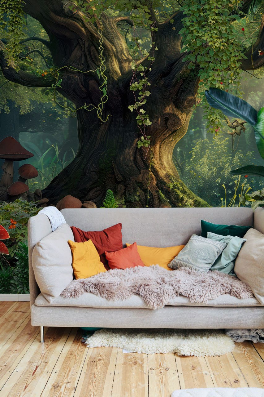 Enchanted Forest Mural Wallpaper decorates room with grey sofa, wooden flooring, and colourful cushions.