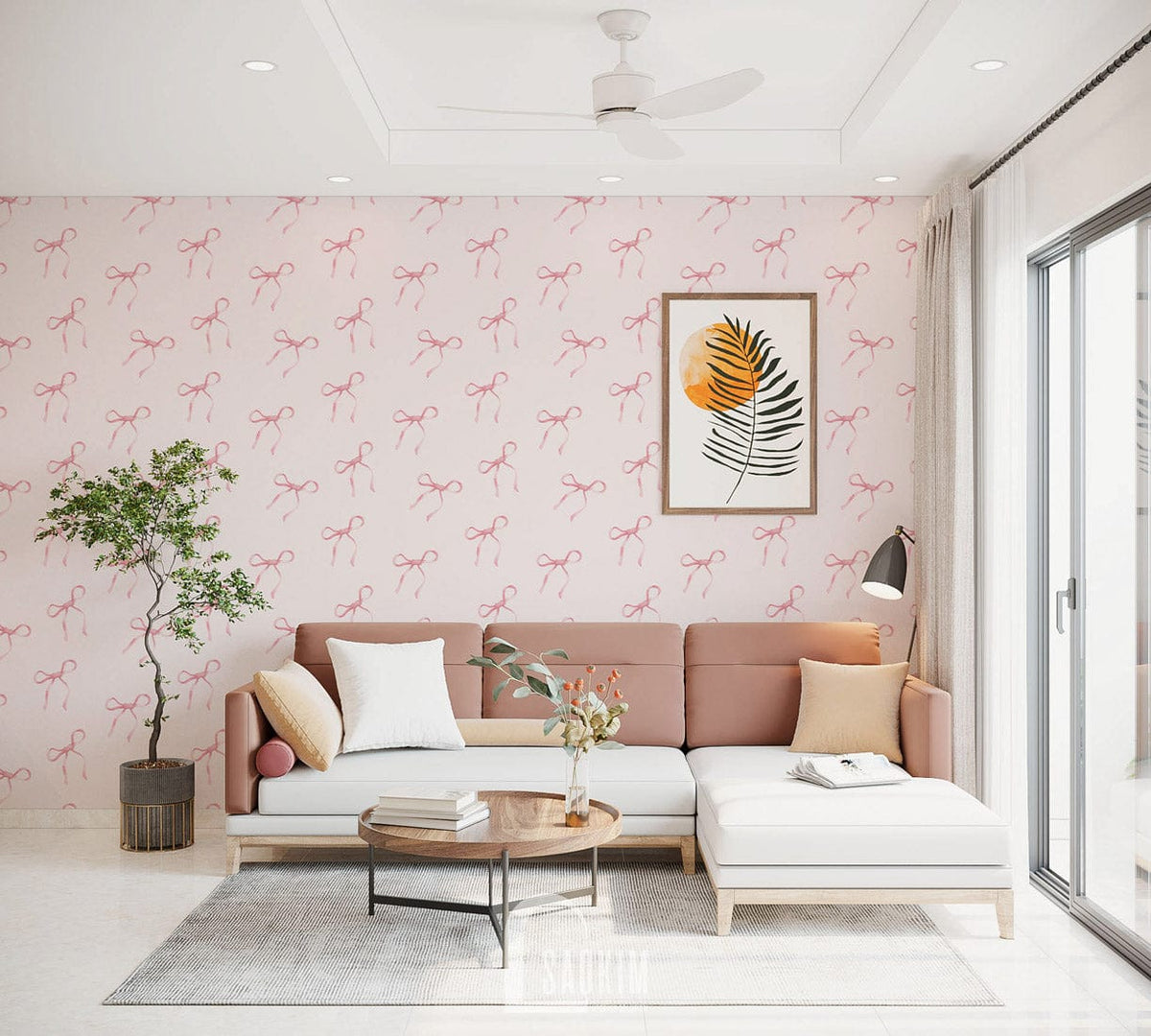 Charming pink bow wallpaper, cream background, elegant pink sofa, bright living room, contemporary decor elements.