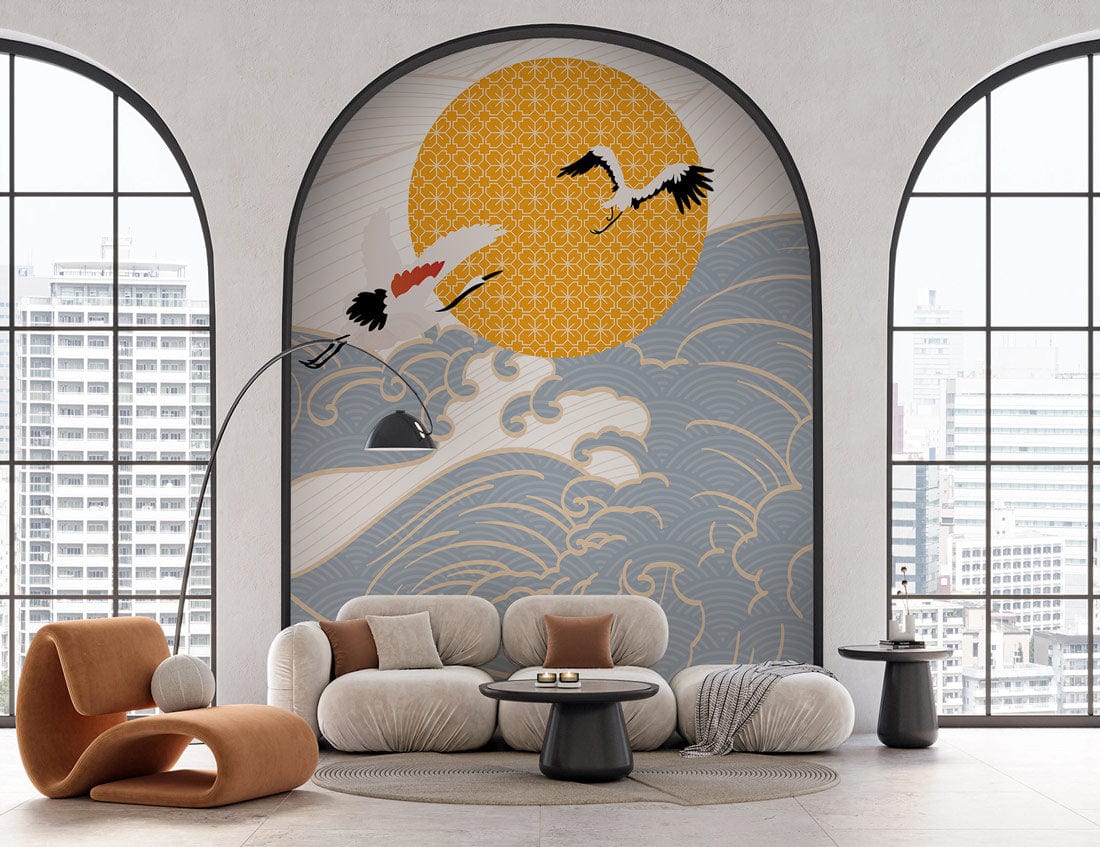 Elegant Crane and Wave Mural Wallpaper adorns modern living room with stylish sofas and round tables.