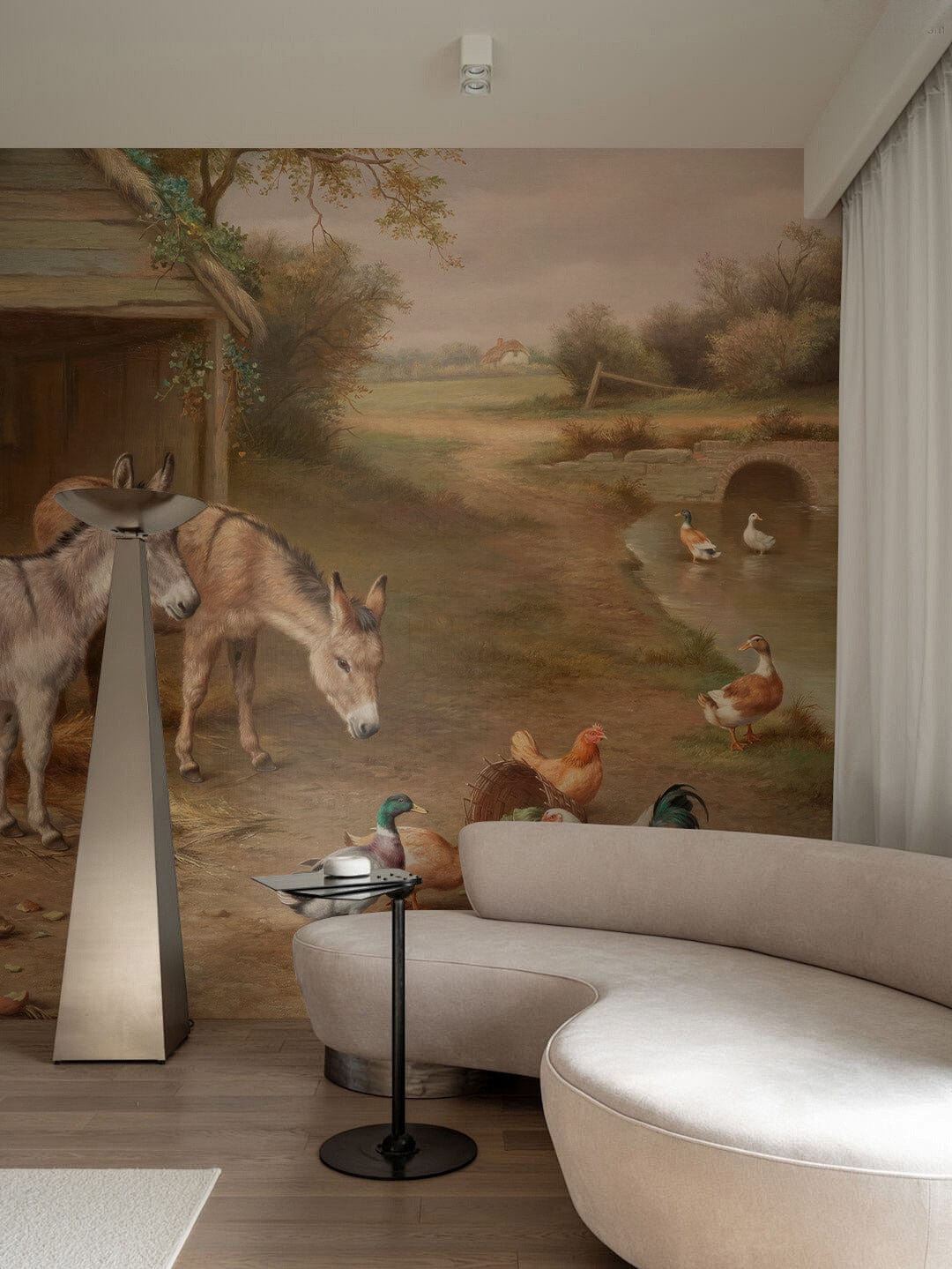 Country Farmyard Animals Mural Wallpaper in earthy tones, curved beige sofa, wooden flooring, living room.