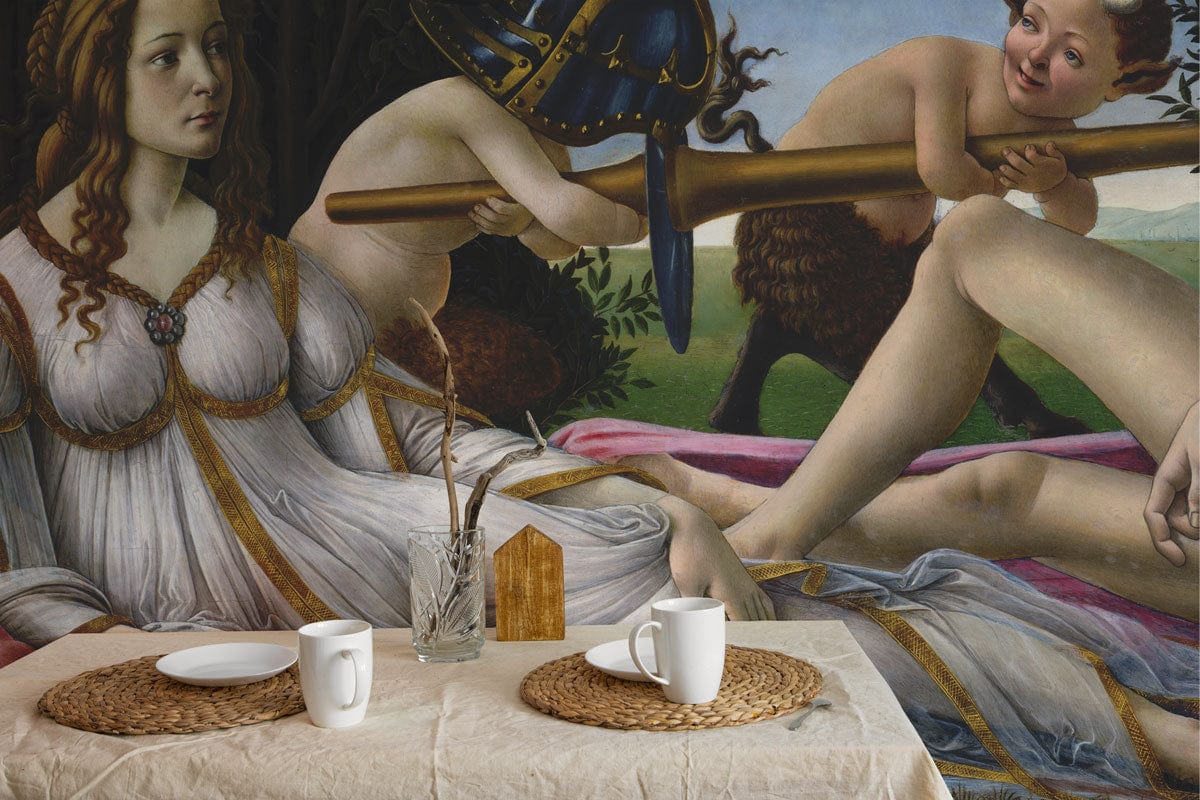 Renaissance Art Mural Wallpaper: Botticelli Classic adorns dining room with wooden table, neutral decor elements.
