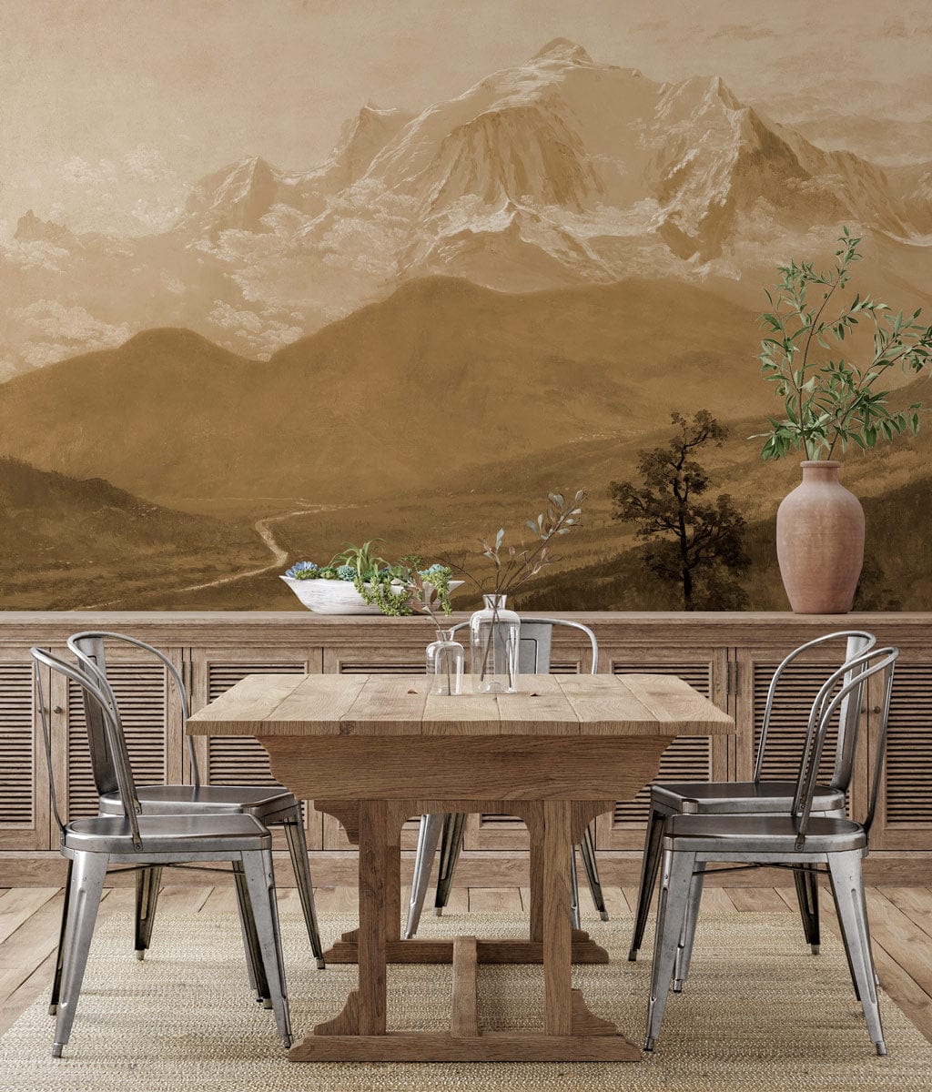 Sepia Mountain Landscape Mural Wallpaper in dining room with wooden table, metal chairs, parquet flooring.