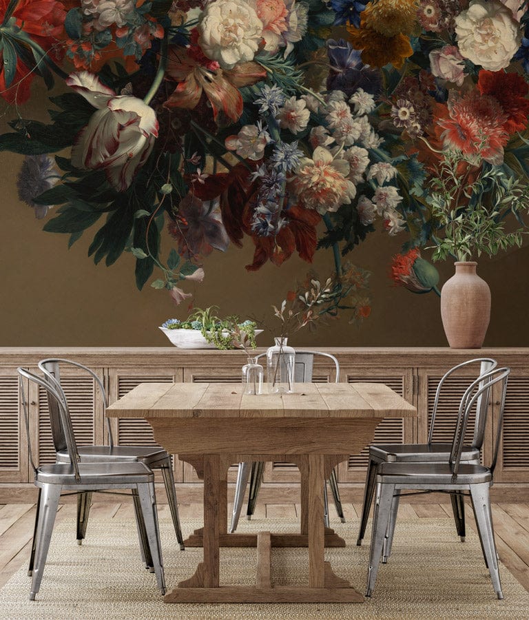 Elegant floral mural wallpaper in dining room, wood table, metal chairs, autumn colours, decorative vase.