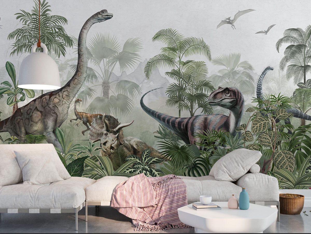 Kids' room with green dinosaur mural wallpaper, beige sofa, modern decor, lush jungle theme.