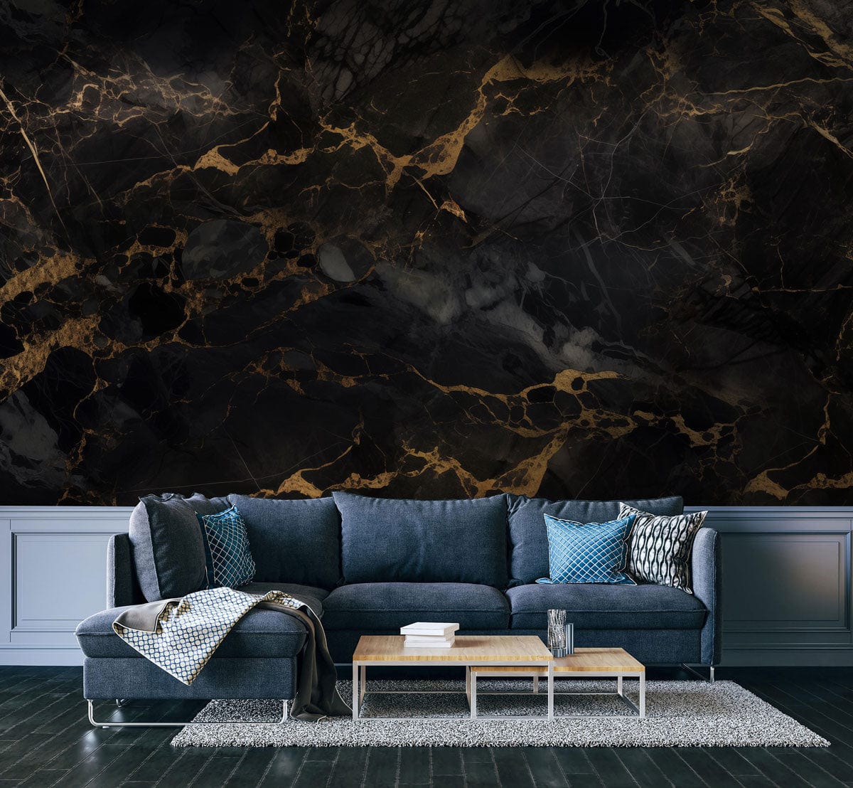 Luxurious black and gold marble mural, blue sofa, wooden table, stylish feature wall in living room.