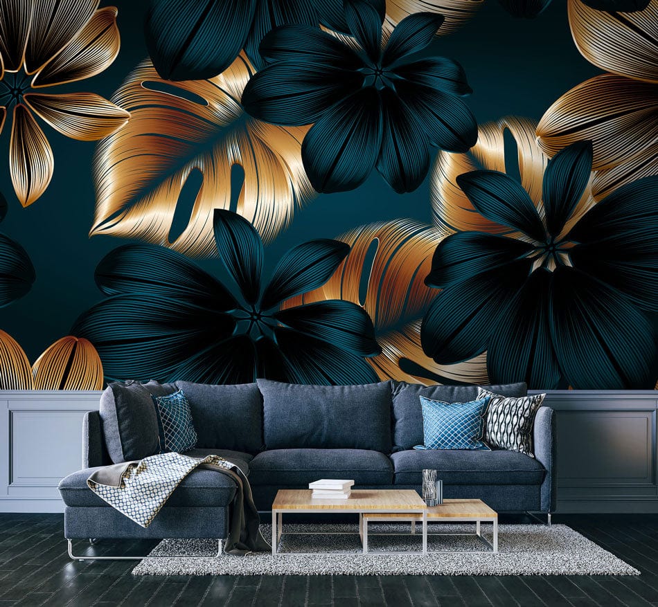 Elegant golden and teal floral wallpaper enhances sophisticated interiors, paired with a plush grey sofa.
