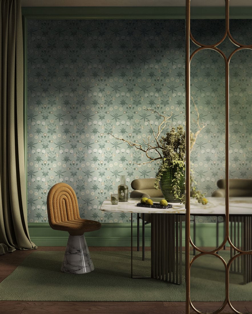 Vintage floral wallpaper, soft green, cream tones, ornate mirror, marble table, wicker chair, elegant interior.