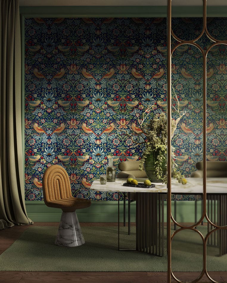 Victorian style multicolour floral birds wallpaper, marble base chair, glass table, room with carpet.