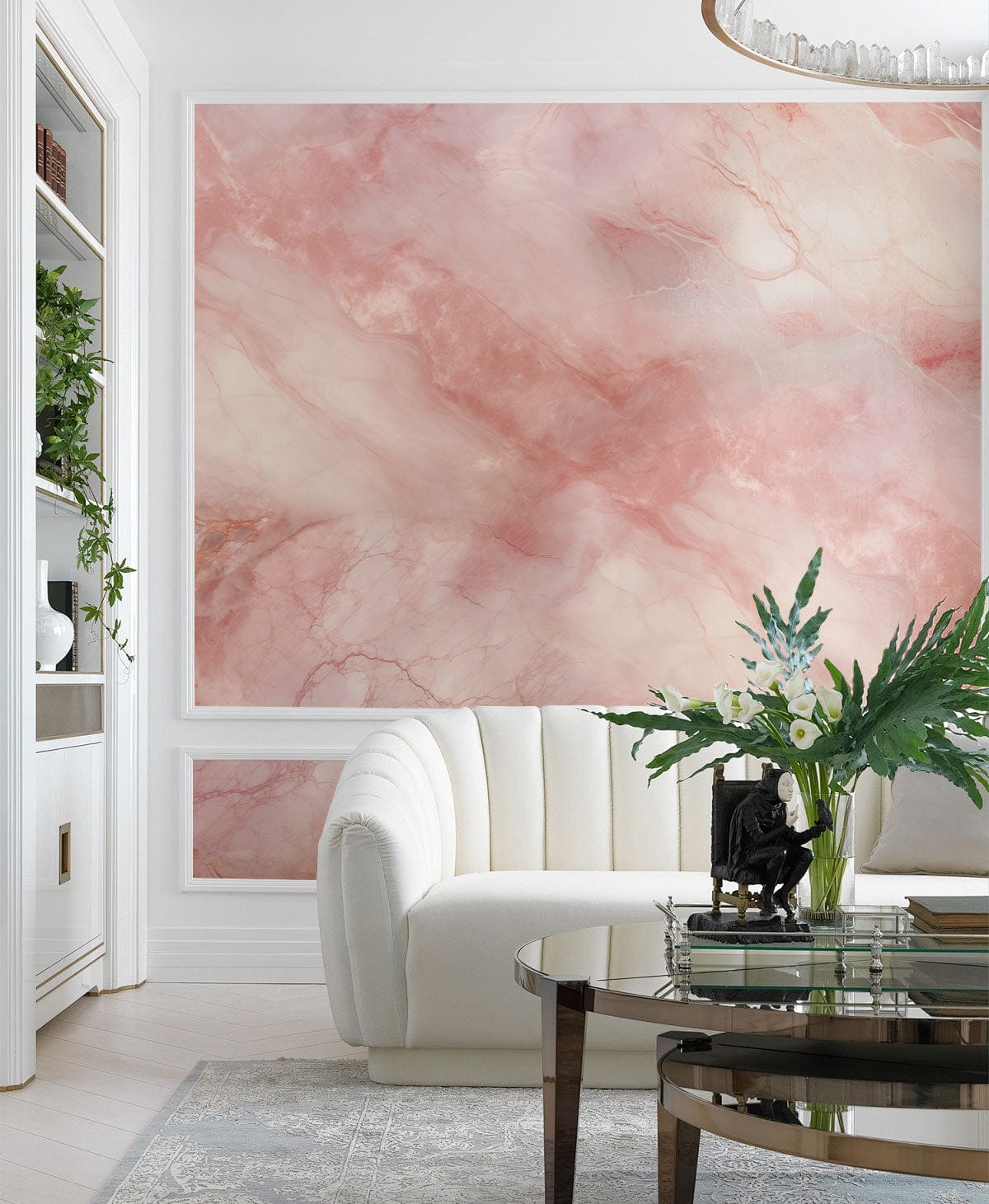 Elegant pink marble wallpaper in luxury lounge with white sofa, glass coffee table, and stylish decor.