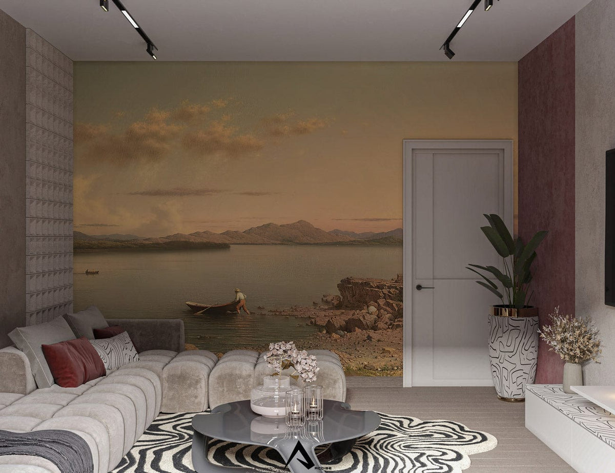 Tranquil Lake Sunset Mural Wallpaper in living room, beige sofa, modern round table, stylish decor.