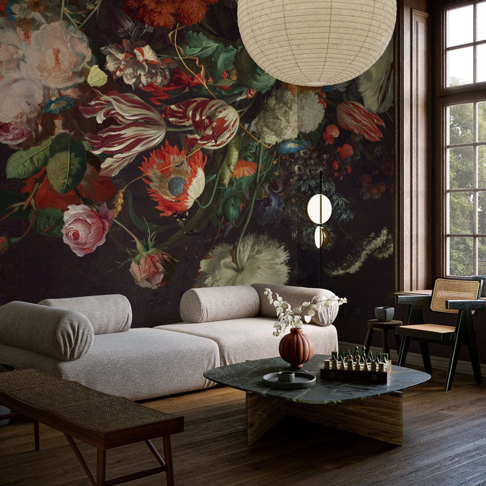 Vintage Dark Floral Mural Wallpaper in chic living room with beige sofa, wood floors, and modern decor.