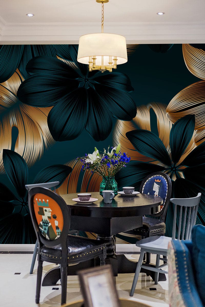 Elegant Golden and Teal Tropical Floral Wallpaper in dining area with dark round table and chairs.