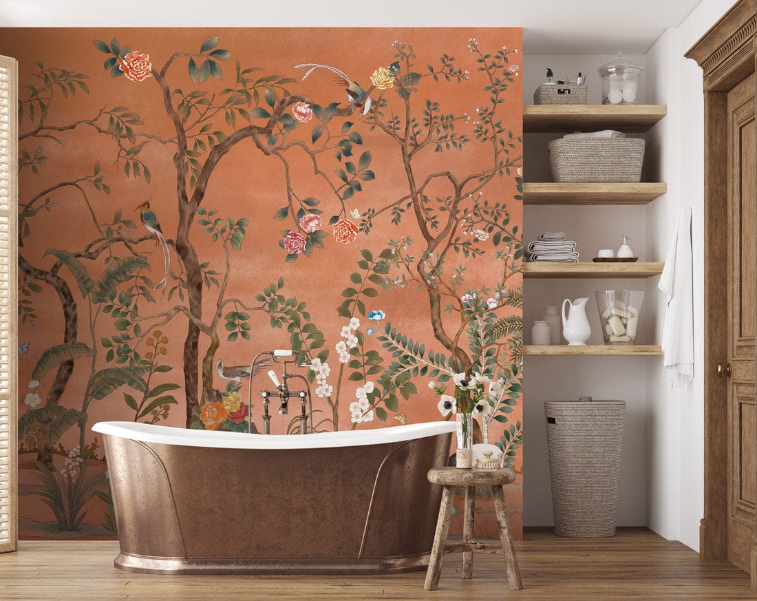Chinoiserie Coral Garden Mural in luxury bathroom with copper bathtub, wooden flooring, and shelving.
