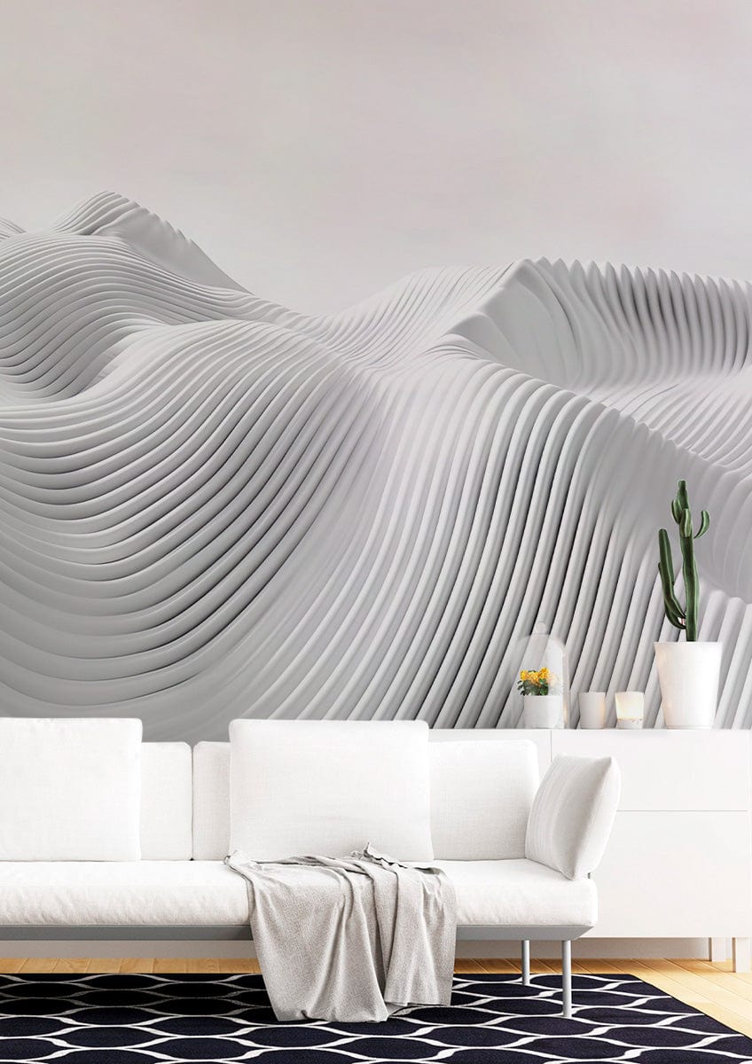 Elegant white 3D wave wallpaper, modern sofa, geometric rug, minimalist interior design, chic living room.