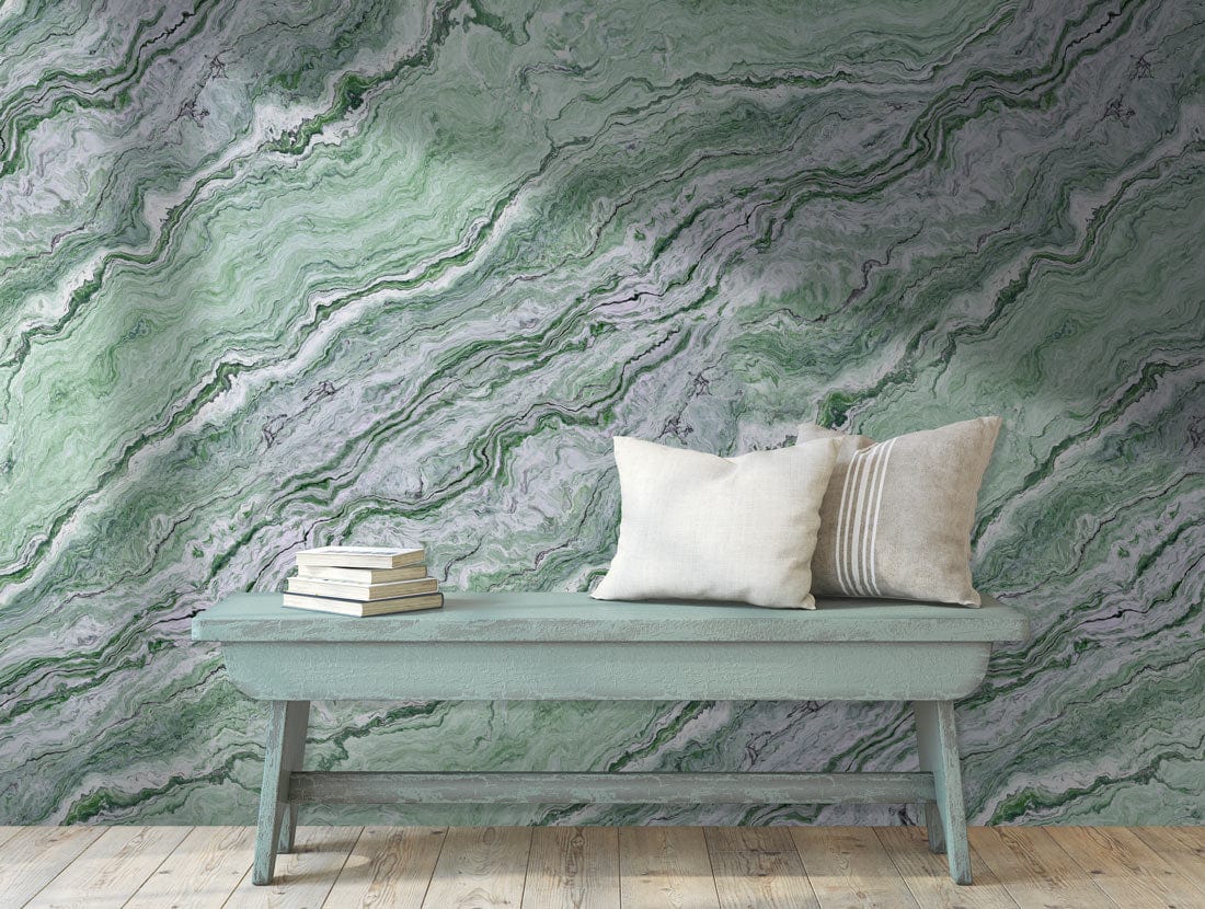 Elegant green marble effect wallpaper with a rustic bench and wooden flooring in a modern room.