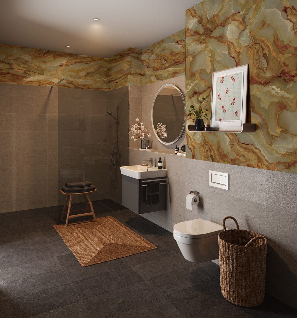 Golden Marble Effect Luxury Wallpaper in modern bathroom with grey tiles and floating vanity unit.