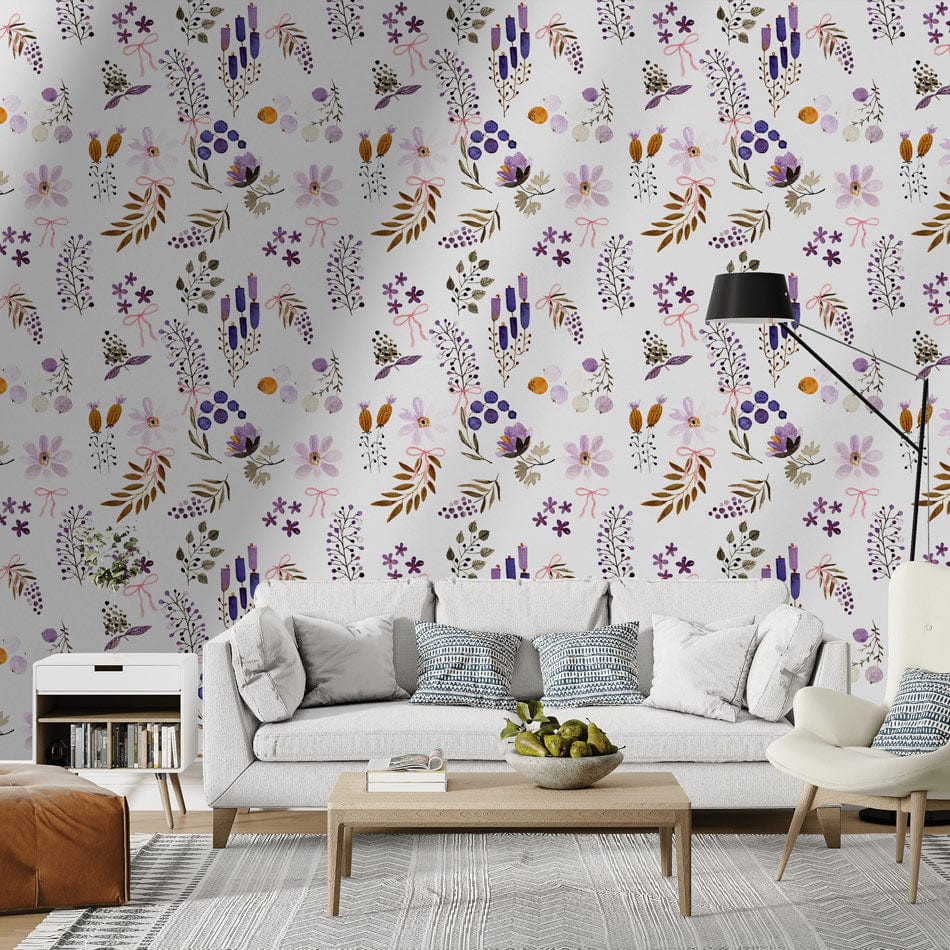 Elegant floral wallpaper with wildflowers, pastel shades, white sofa, cosy living room, modern furniture.