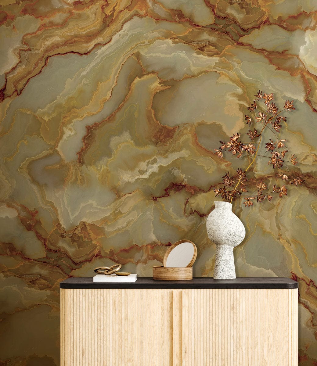 Golden Marble Effect Luxury Wallpaper in elegant room with modern cabinet and decorative vase.