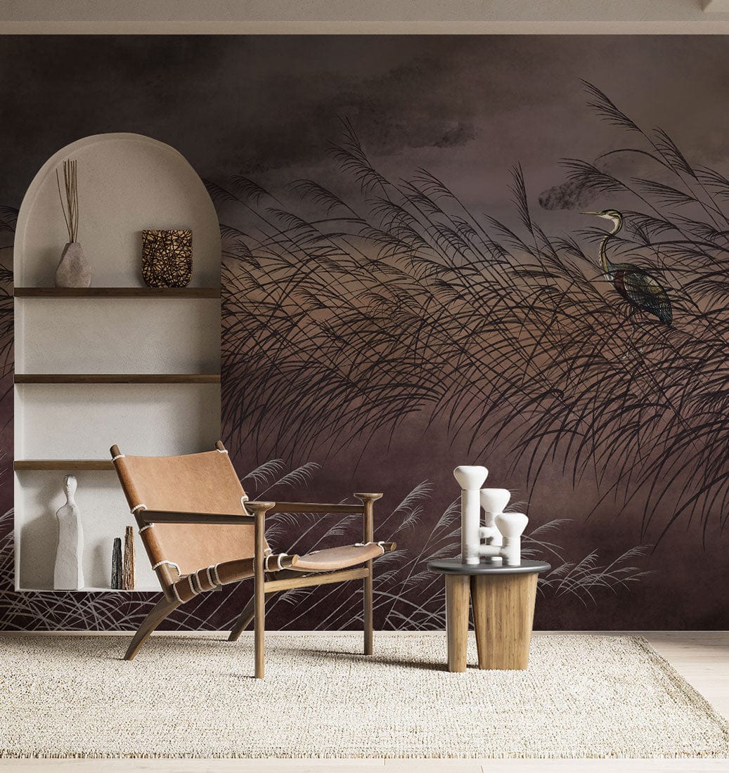 Tranquil heron mural wallpaper with earthy tones, modern brown chair, and minimalist Décor in living room.
