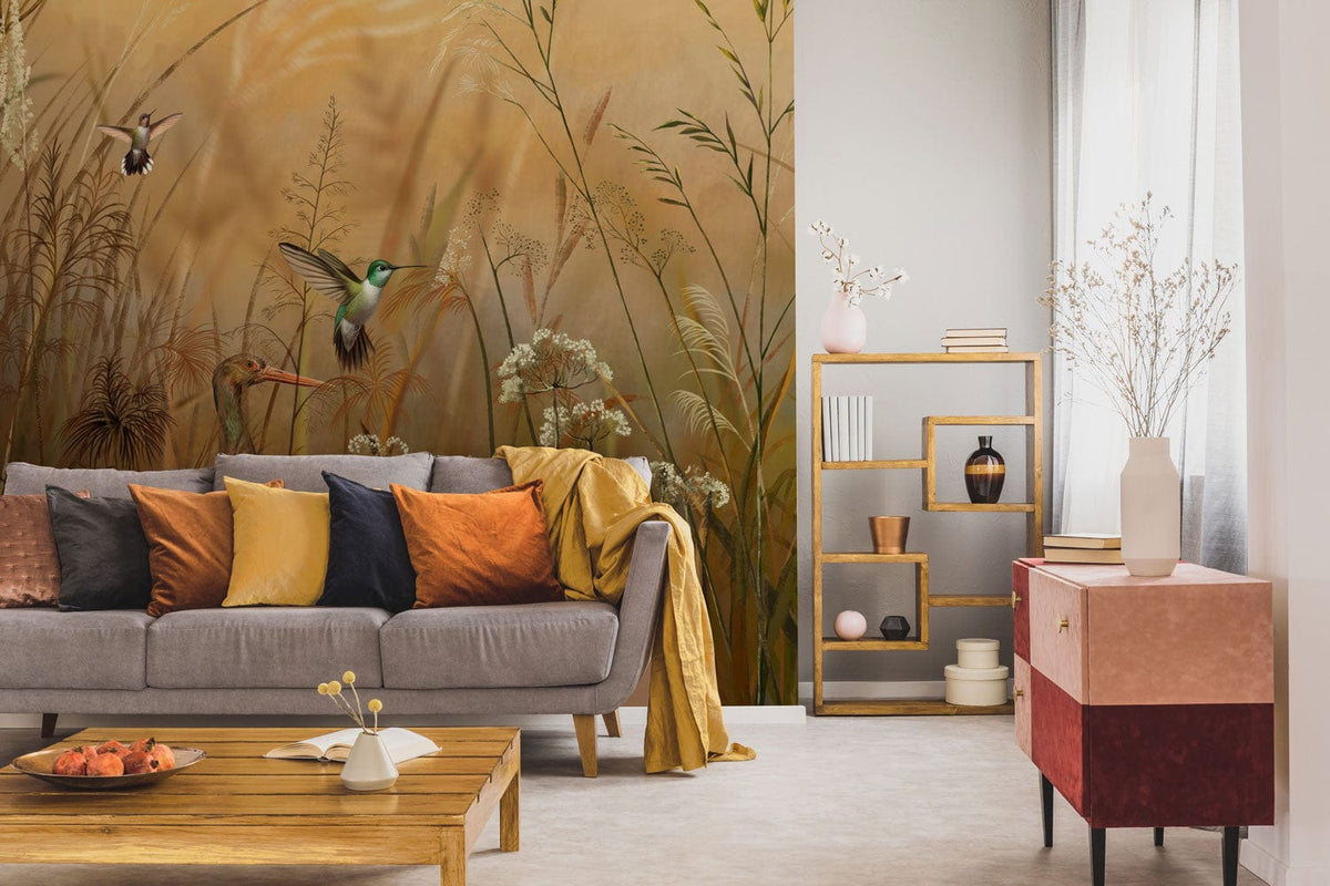 Vintage Autumn Meadow wallpaper with birds, grey sofa, warm cushions, wooden table, elegant shelving.