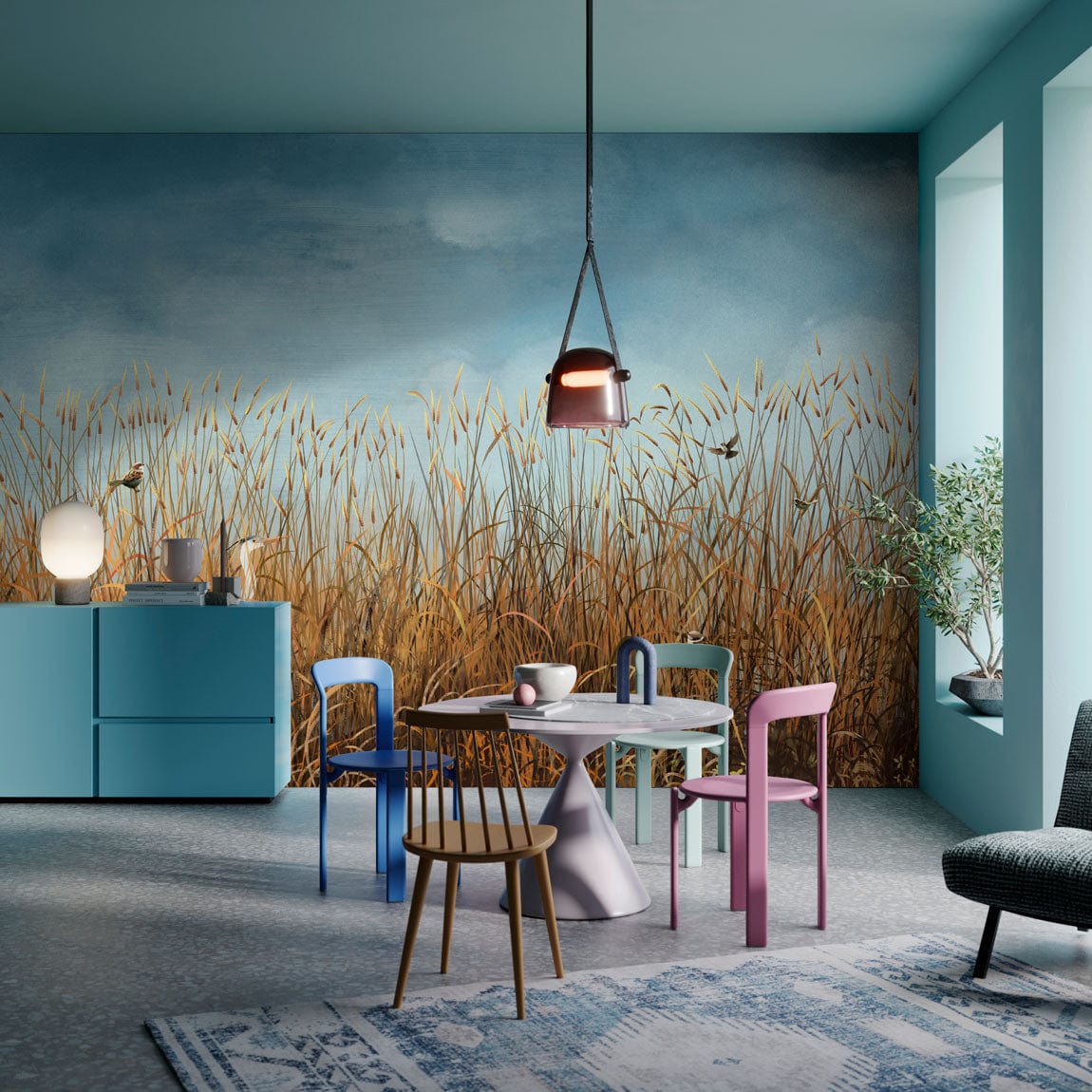 Tranquil Waterscape Wallpaper, autumn scene, vibrant chairs, elegant blue walls, stylish living room decor.