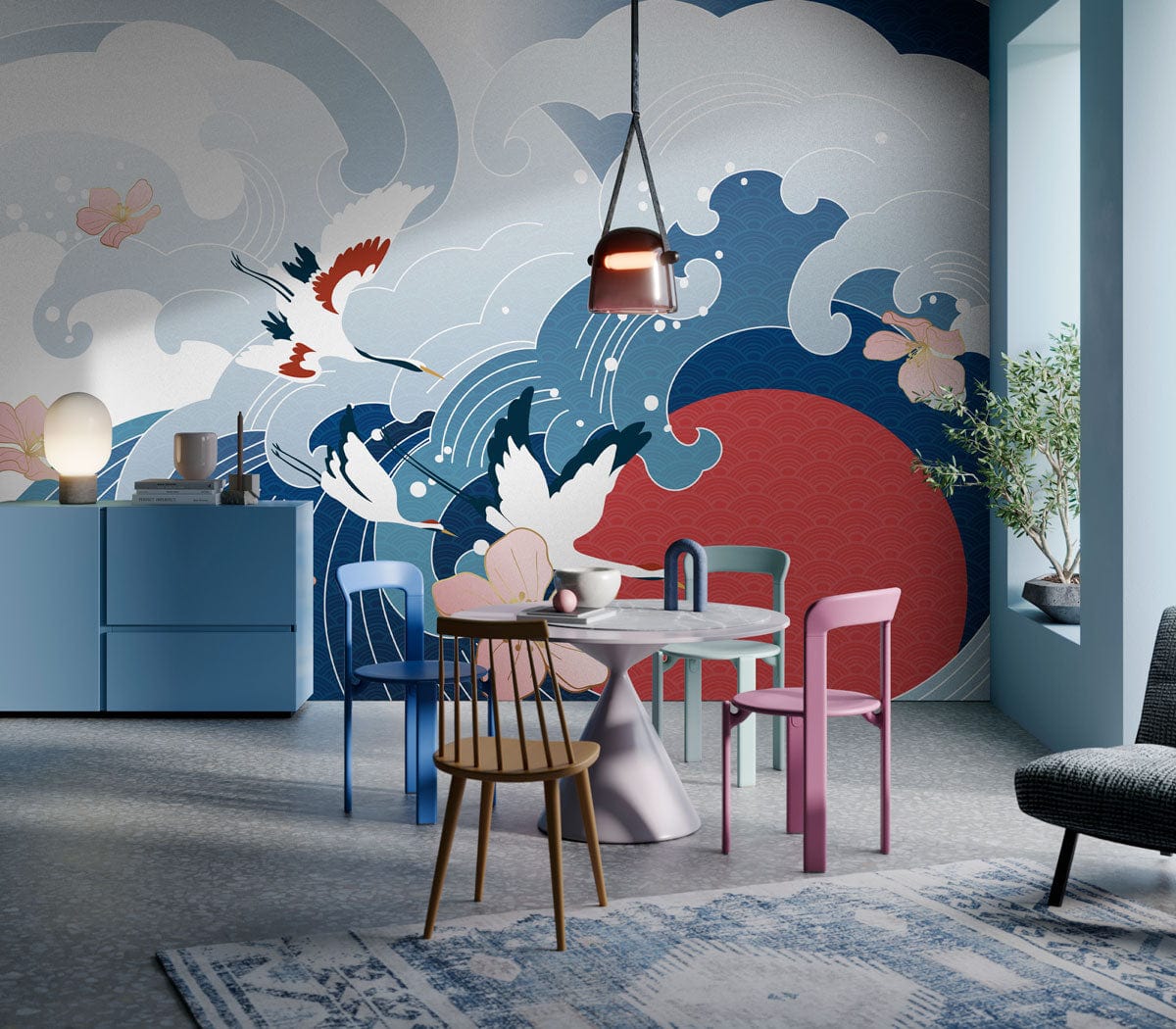 Wallpaper with cranes and cherry blossoms, light blue walls, pastel furniture, modern dining room setting.