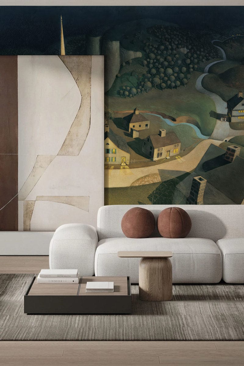 Historic Village Landscape Mural in serene greens, contemporary white sofa, wooden flooring, cosy living room.