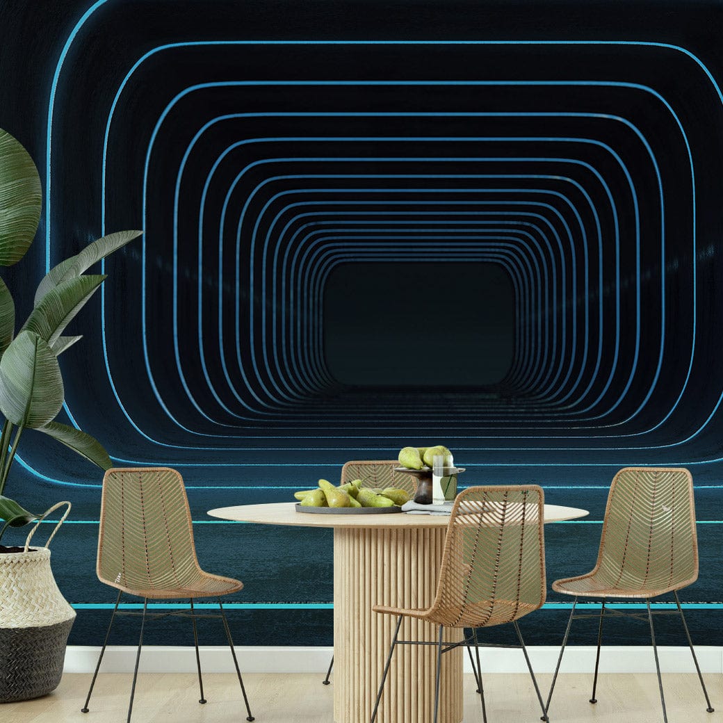 Futuristic blue neon tunnel mural wallpaper, modern dining area with wicker chairs and light wood flooring.