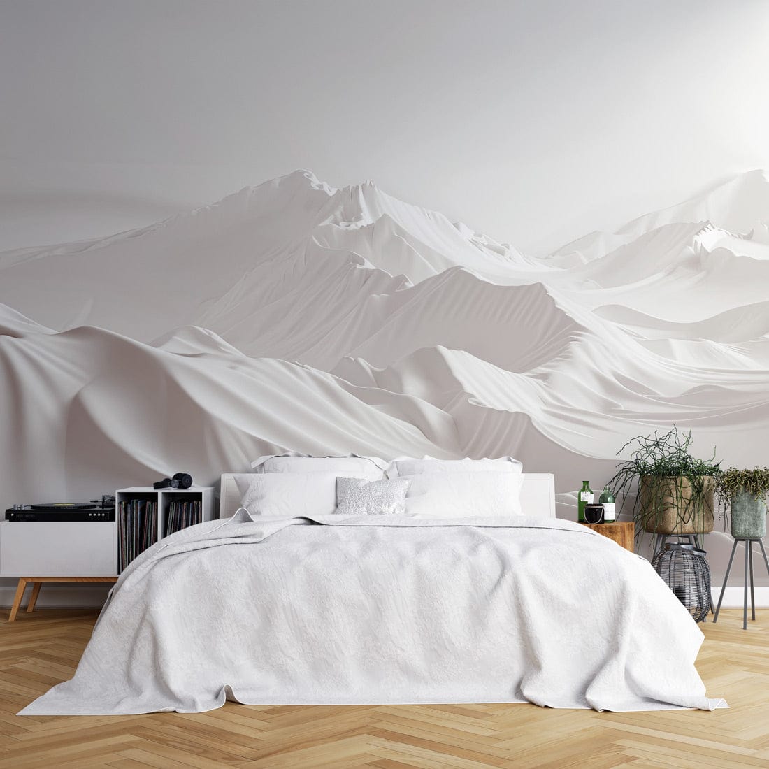 Serene White Mountain Range Mural Wallpaper in minimalist bedroom with white bed, parquet flooring.