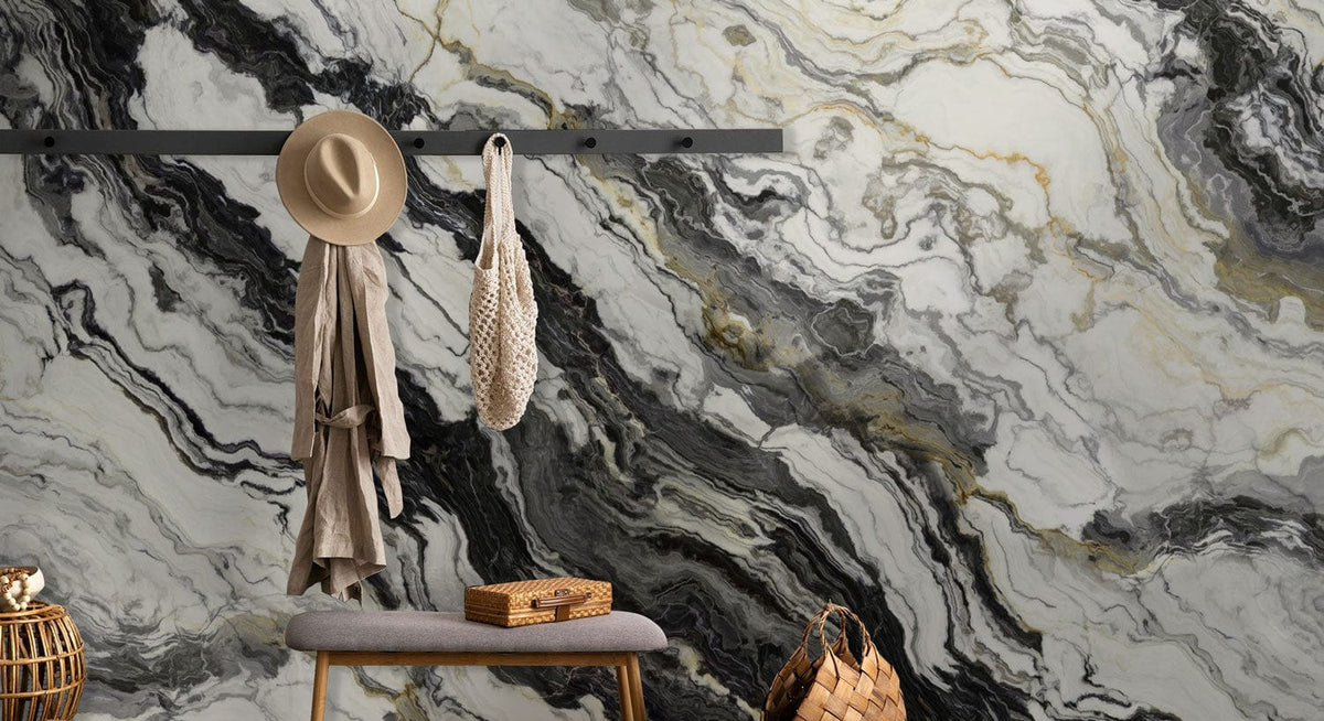 Modern monochrome marbled elegance wallpaper with grey bench, decorative accessories, and stylish hat hanger.