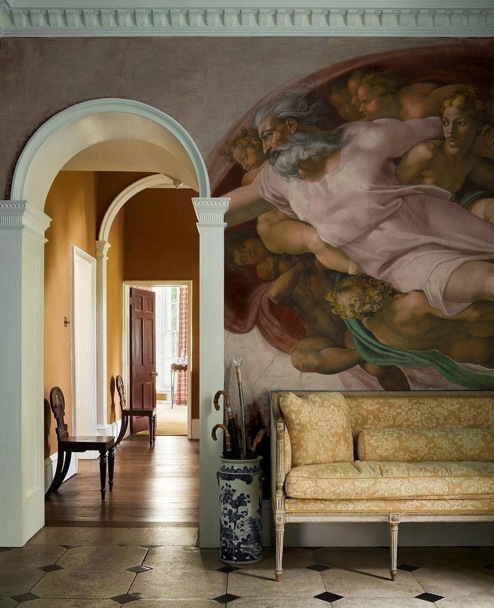 Renaissance Masterpiece Mural Wallpaper, artistic fresco design, classic sofa, archway, elegant hallway decor.