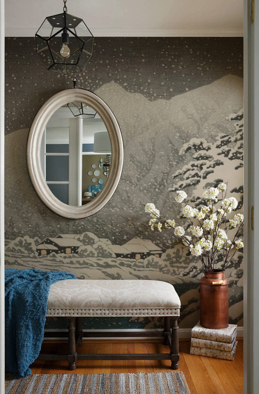 Serene Snowy Mountain Landscape Wallpaper, oval mirror, bench with cushion, hardwood flooring, hallway decor.
