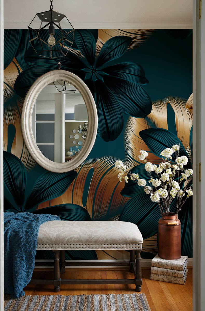 Elegant golden and teal floral wallpaper in hallway with bench, mirror, hardwood flooring, stylish lighting.