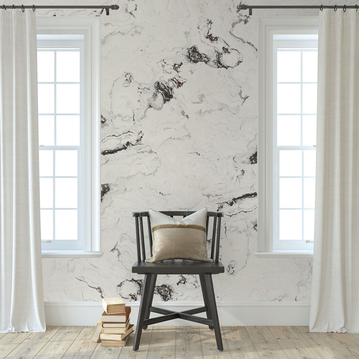 Elegant white marble effect wallpaper in modern room; black chair, wooden floor, white curtains.